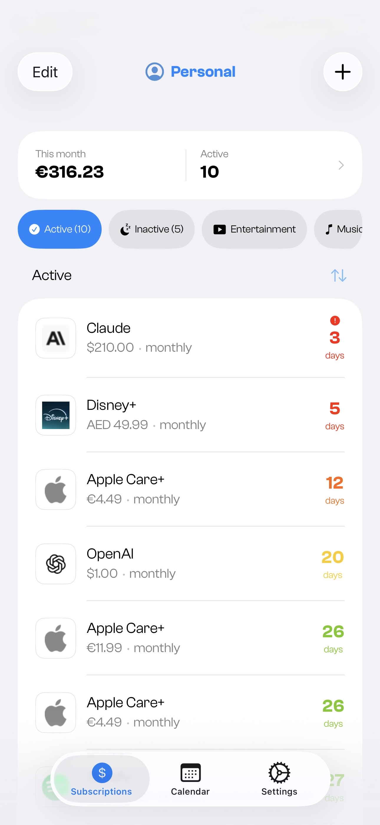 Curb running on iPhone, showing the subscriptions list with monthly totals and upcoming renewals.