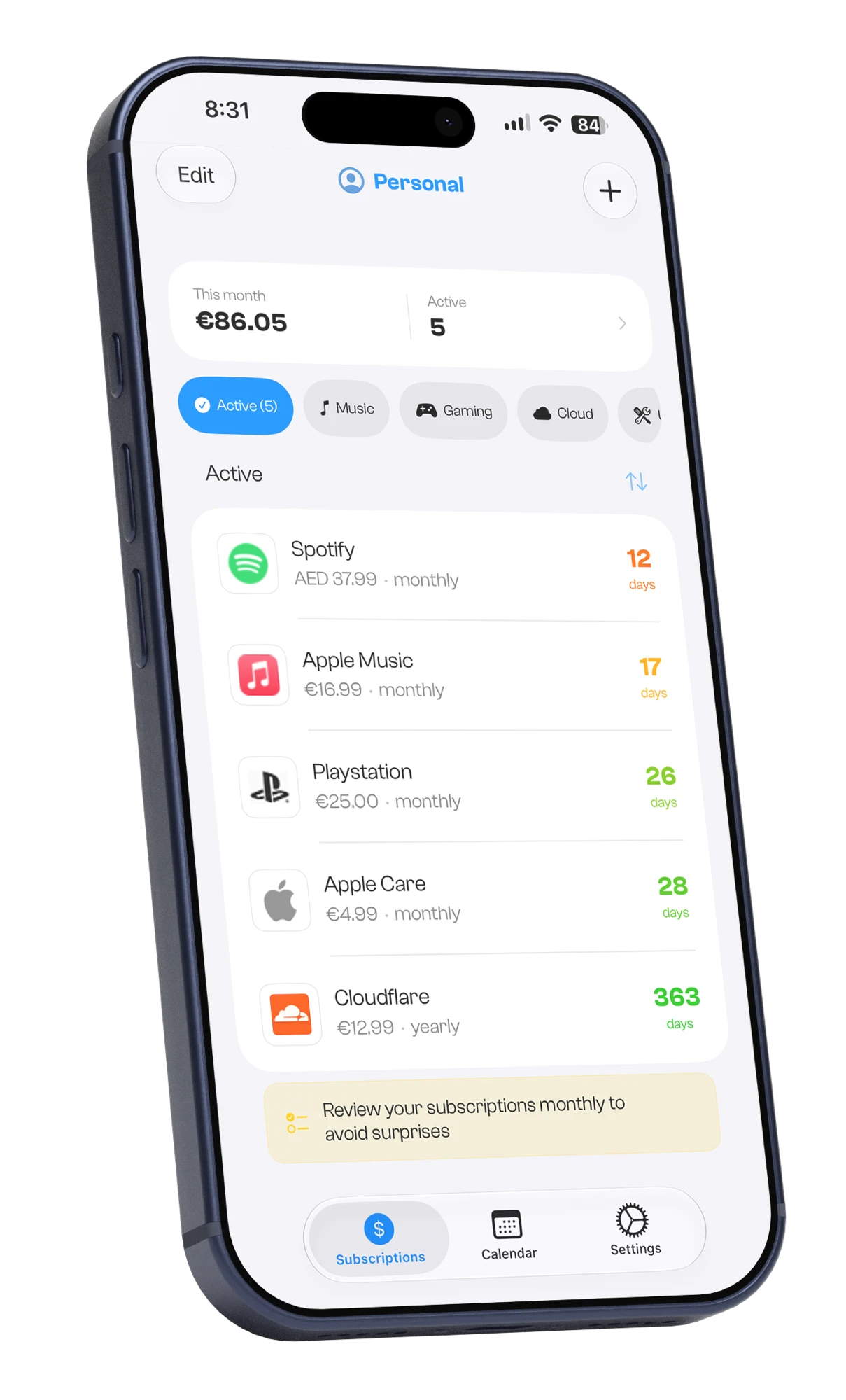 Curb en iPhone mostrando la lista de suscripciones con el total mensual y las próximas renovaciones.